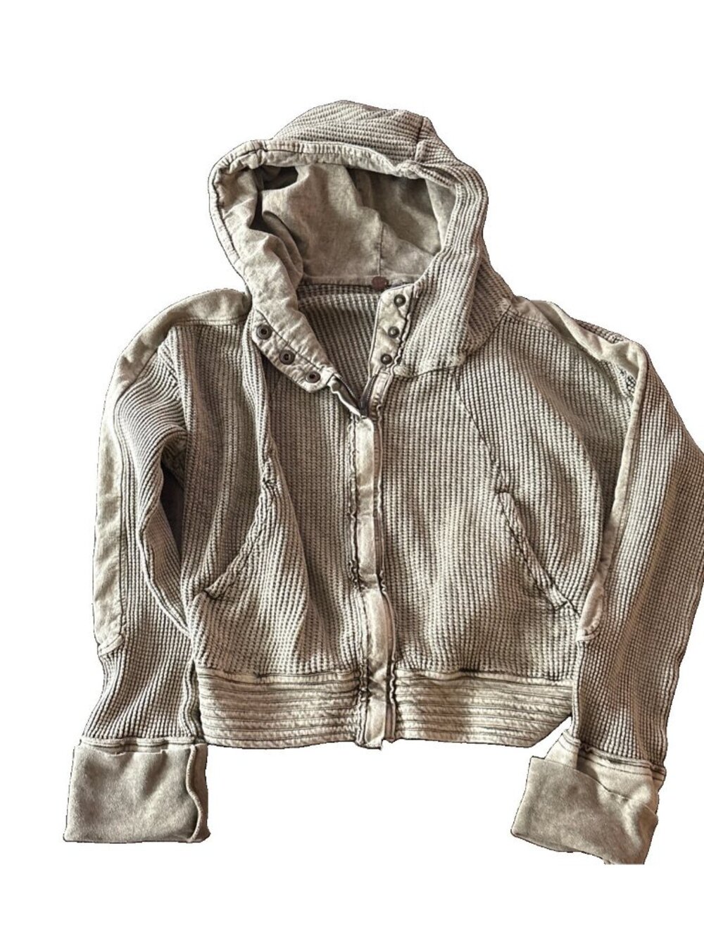 Free People FP One Beige Waffle Knit Zip Up Hoodie Cardigan Boho Size XL